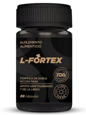 Frasco L-Fortex negro con fórmula de doble acción para apoyo genitourinario y libido, 20 cápsulas